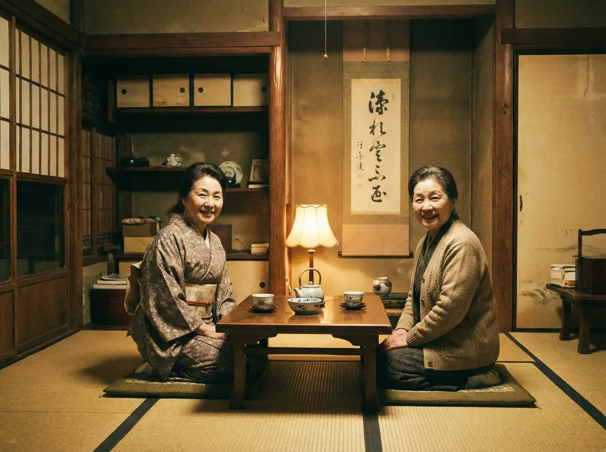 两位优雅的 肉蒲团 在日式茶室中品茶交谈